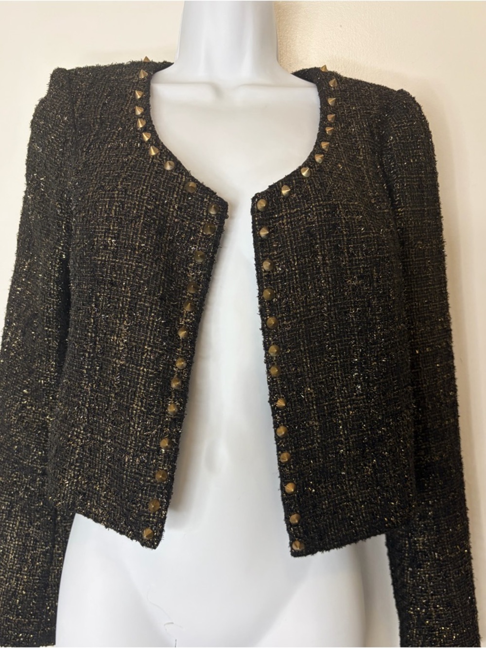 Mustard Seed Black Tweed Stud-Trim Cropped Jacket